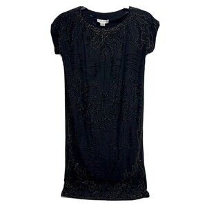 Vintage 100% Silk Black Tie Heavily Beaded Dress Sz XS Black gold Nancy Johnson